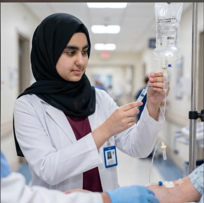 Nurse adjusting an IV drip in a hospital corridor