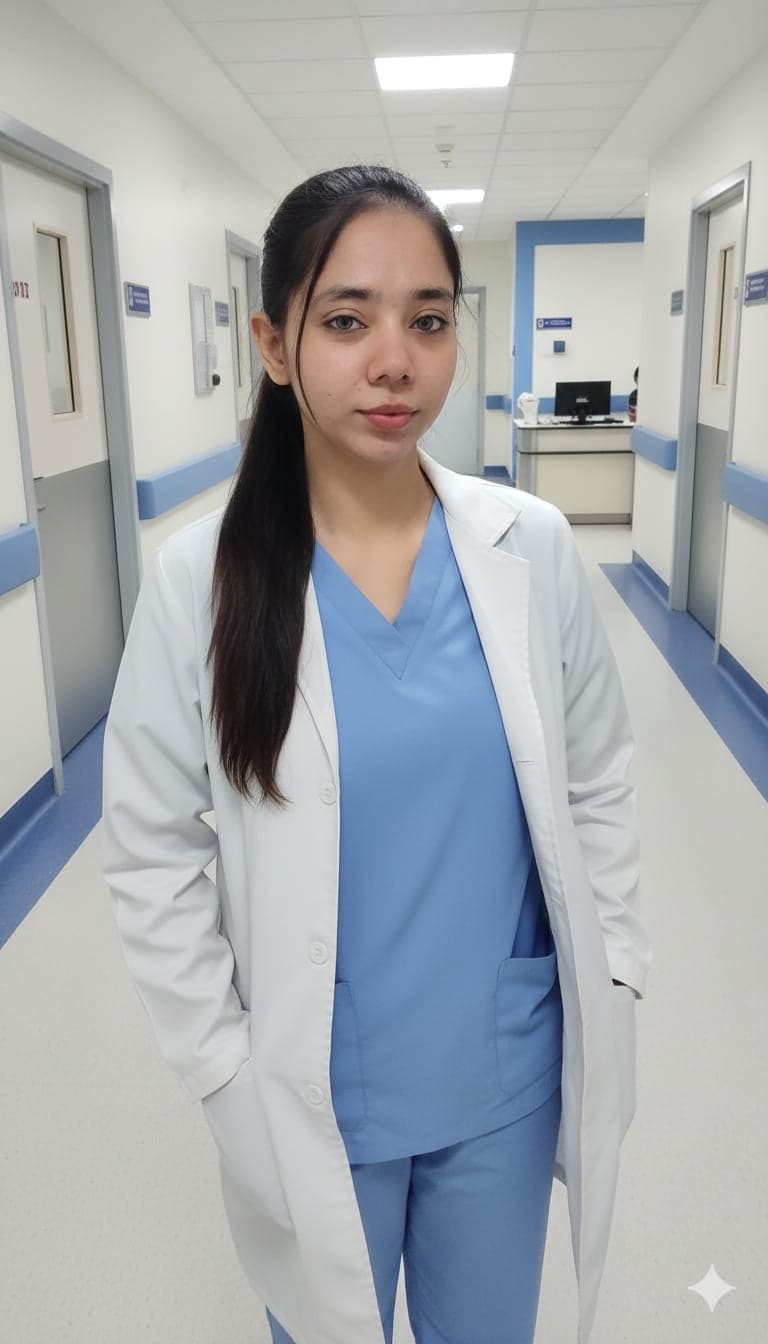 Nurse in a white coat in a hospital hallway